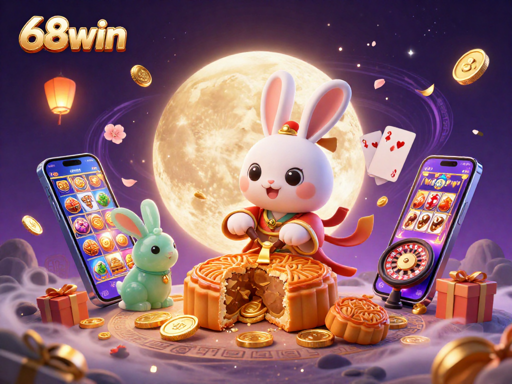 Experience thrilling gameplay at 68win with colorful slot games and poker chips in a magical lunar landscape.