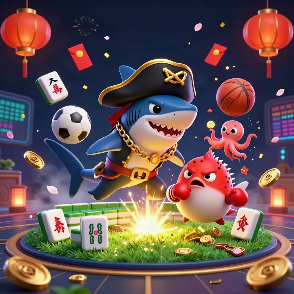 Pirate shark, boxing pufferfish, and octopus juggler amid casino sports explosions and neon lights