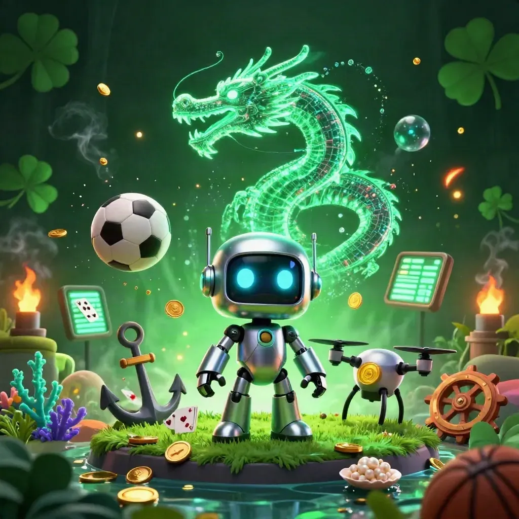 Cyberpunk robot, dragon and coin drone in a treasure cove with balls, gold coins and glowing coral.