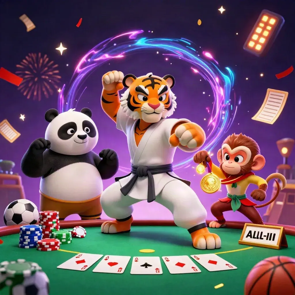 Tiger, panda, and monkey amid poker chips, cards, and neon casino magic.