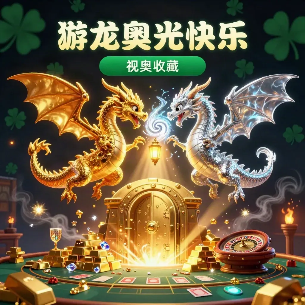 Twin dragons circle a glowing vault amid treasure, cards, and neon casino magic in dark emerald gold.