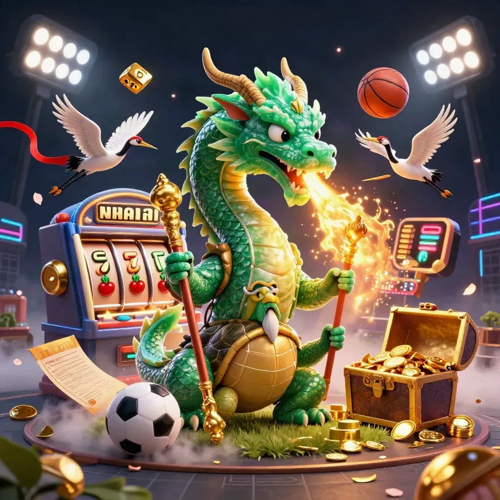 Emerald dragon, turtle sage and cranes amid slot bursts, gold fire, balls and neon casino light.