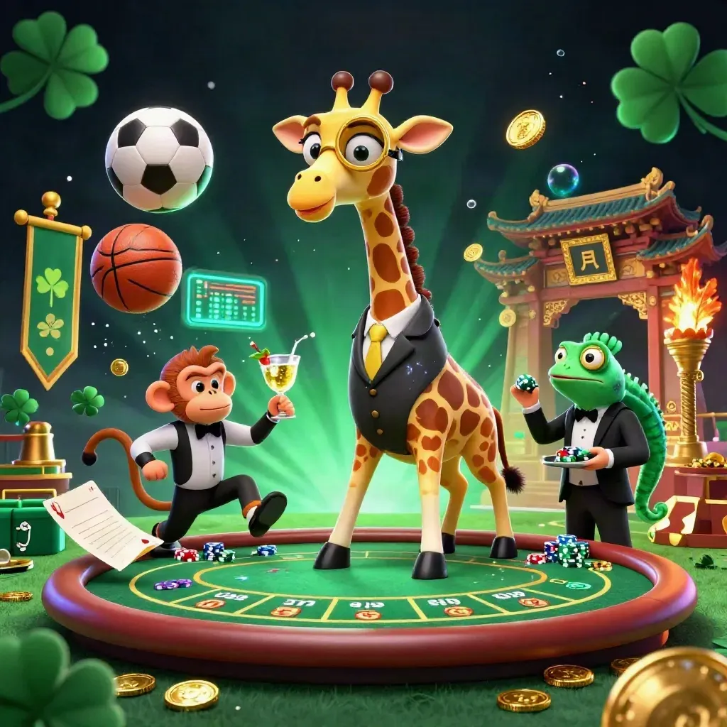 Giraffe, monkey and chameleon casino scene with frozen soccer ball, basketball, coins and neon glow.