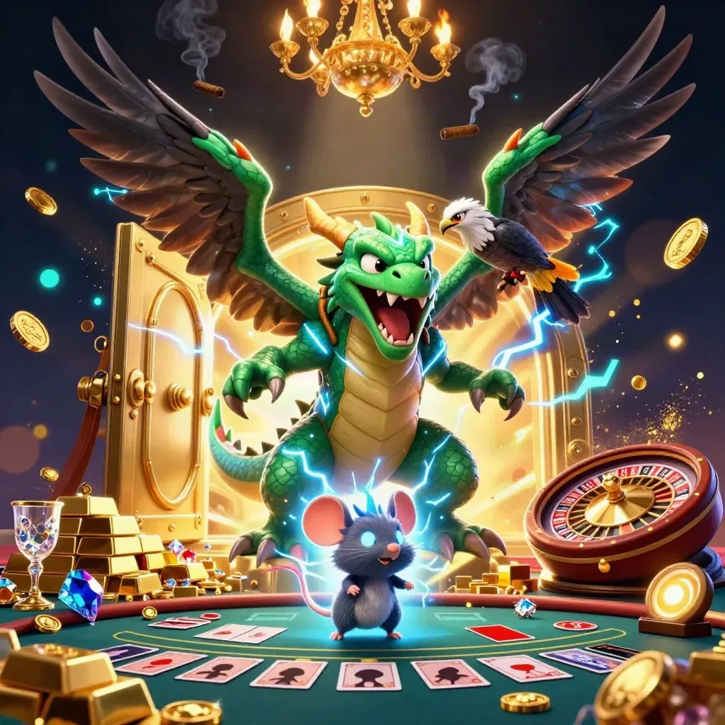 Thunder dragon, wind hawk, and crackling mouse amid gold vault, casino luxe, and lightning.