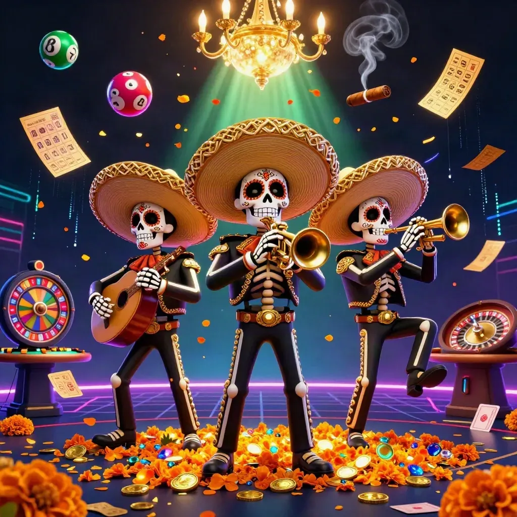 Three skeleton mariachi musicians amid casino lights, neon effects, and flying game icons.