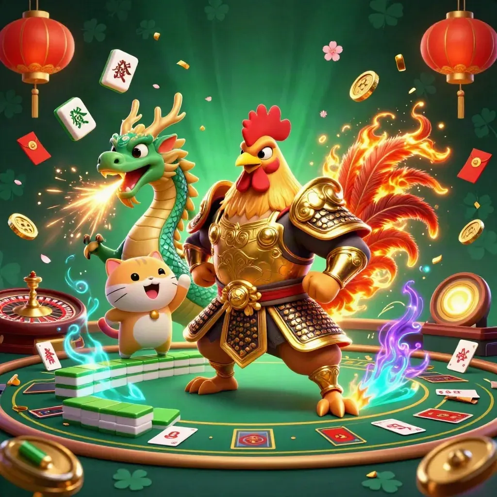Rooster samurai, spark-breathing dragon hatchling, and fortune-cat amid luxe casino lights and gold effects