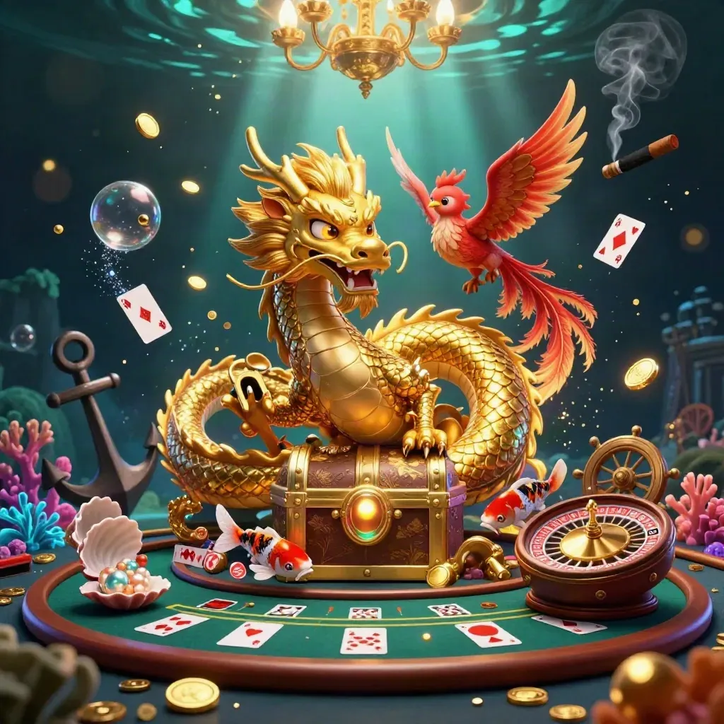 Golden dragon, phoenix and koi amid luxury casino treasures, glowing lights and cards