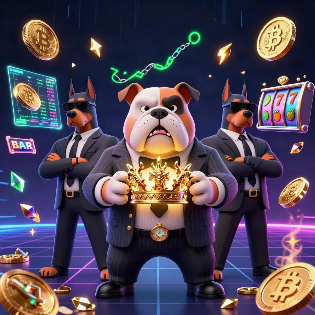 Bulldog mob boss with two Dobermans, neon coins, crown, and casino energy on a dark grid background