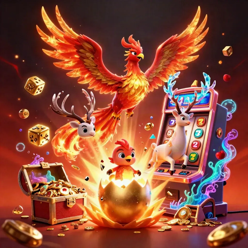 Phoenix, hatchling, and stag burst with gold, gems, and slot energy.
