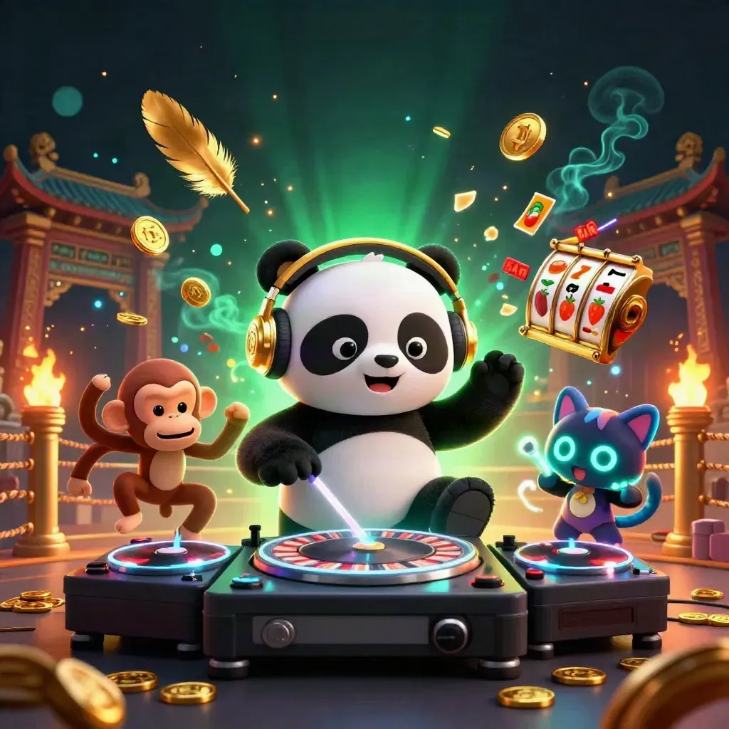 DJ panda, dancing monkey, and rave kitten in a neon casino battle scene with gold and blue effects