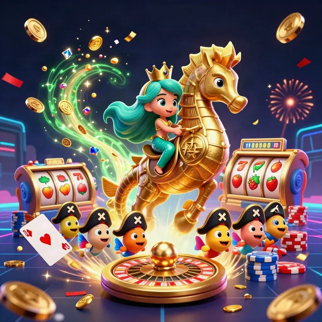 Mermaid princess rides a gold seahorse amid coins, gems, chips and glowing casino magic.