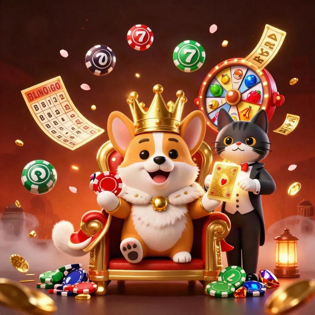 Royal corgi and cat butler amid casino chips, glowing reels, and embers