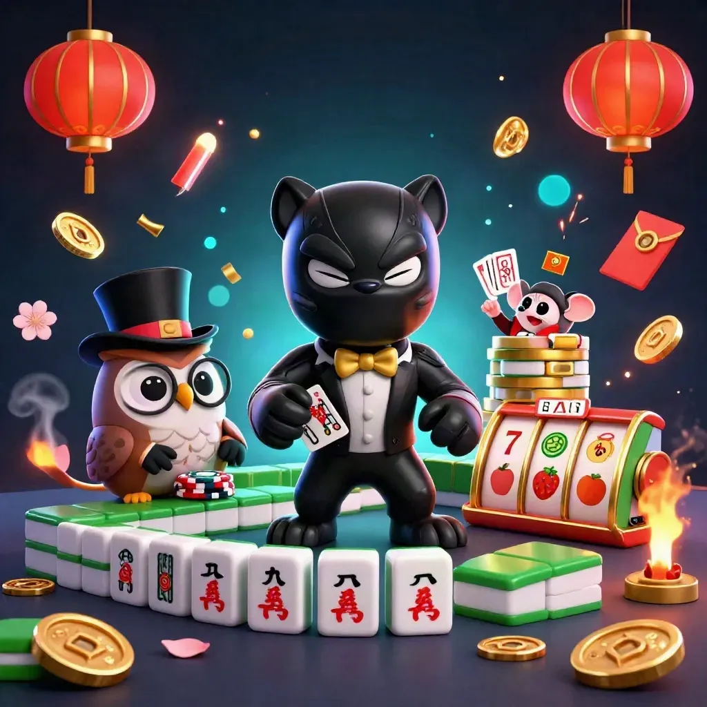 Panther, owl, and mouse in casino finery amid chips, lanterns, coins, and neon green magic.