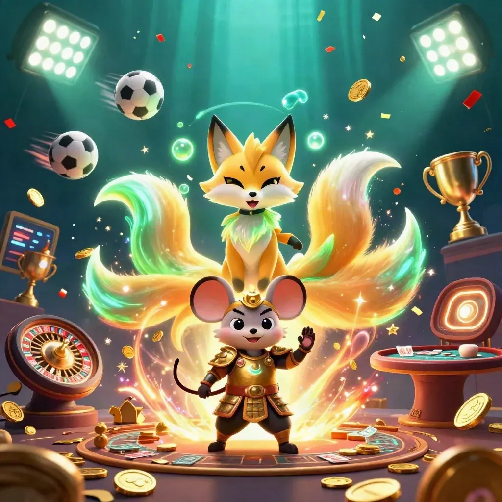 Neon fox spirit and mouse warrior amid coins, trophies, sports balls, and casino effects