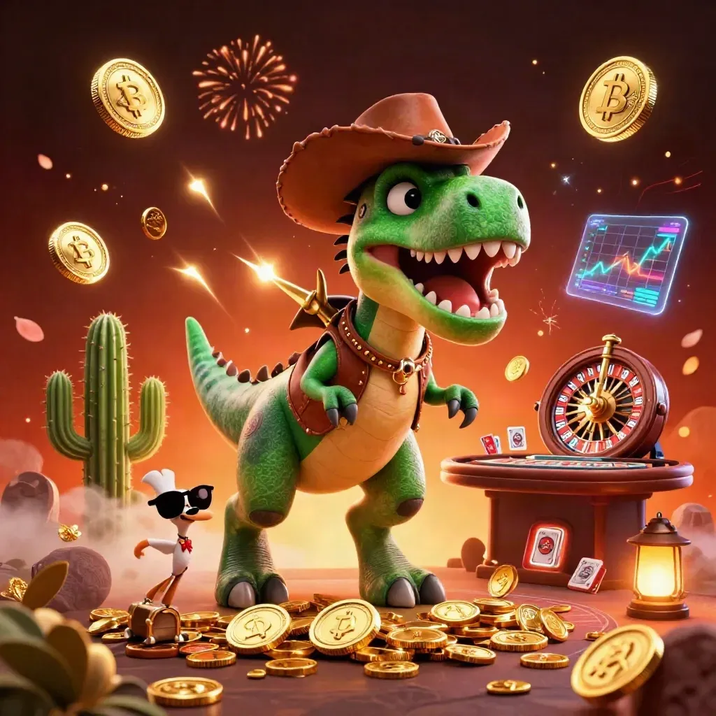 Cartoon cowboy T-Rex, cactus, and roadrunner amid coins, lightning, and casino luxury.