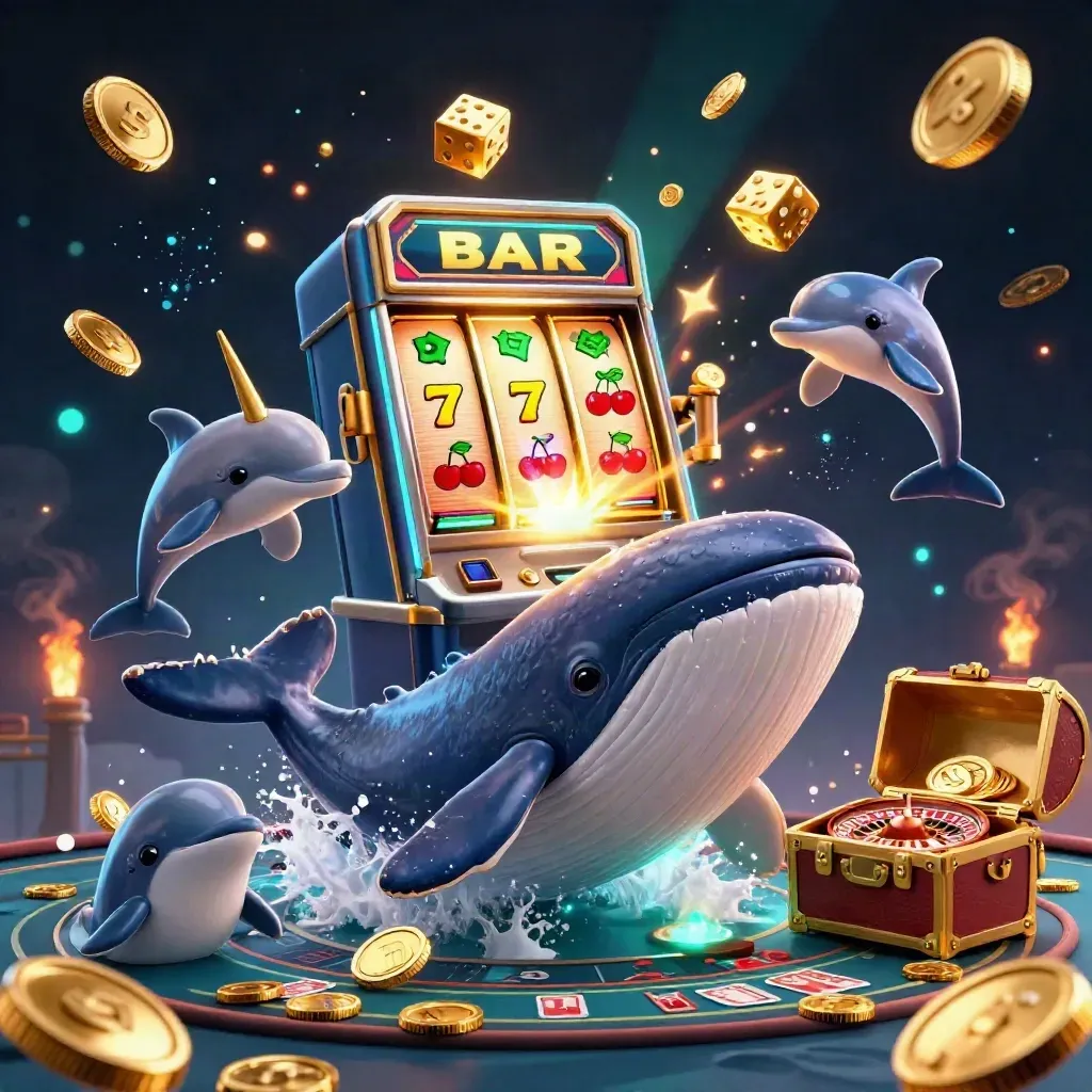 Whale captain, narwhal, and dolphins burst through coins with slot symbols, dice, roulette, and fireworks.
