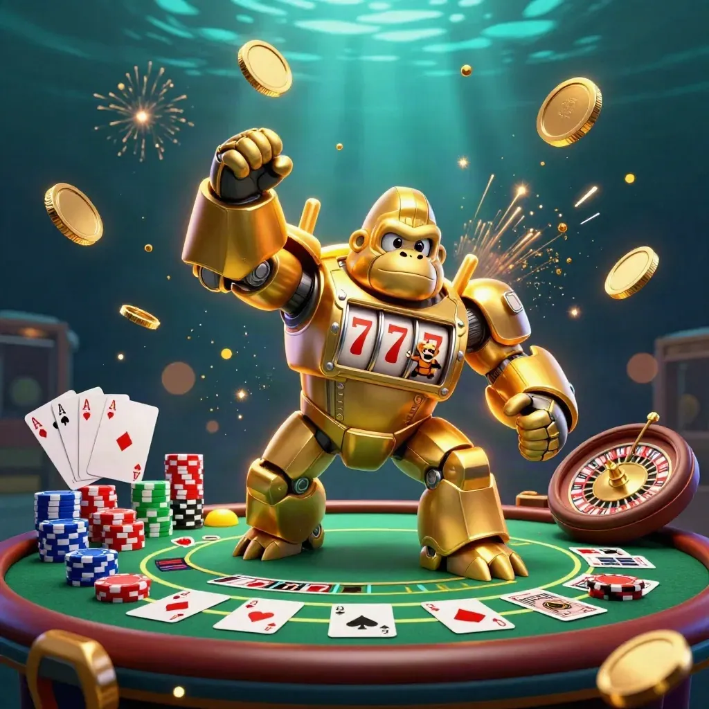 Golden gorilla mech and tiny monkey pilot erupt in casino riches, coins, chips, cards, and fireworks.