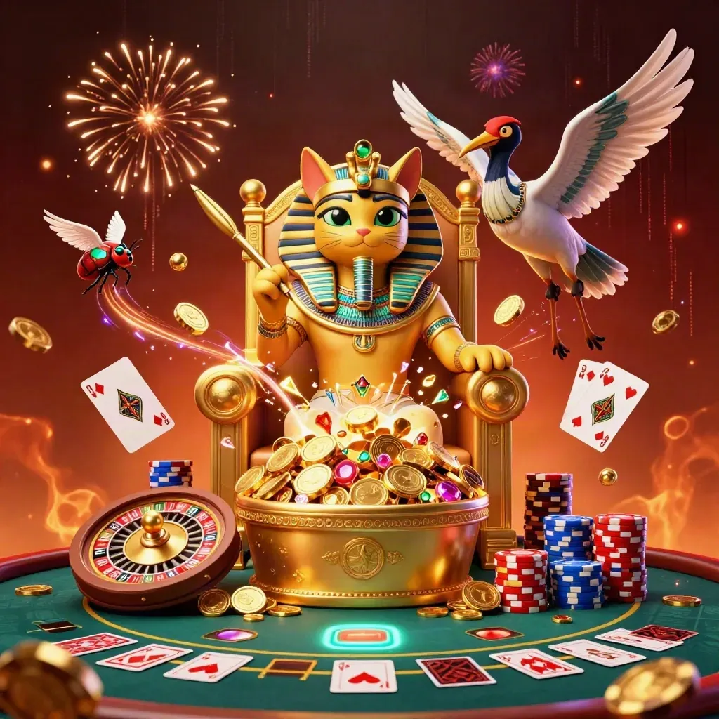 Pharaoh cat, ibis scribe and gem-winged scarabs amid casino coins, cards and roulette