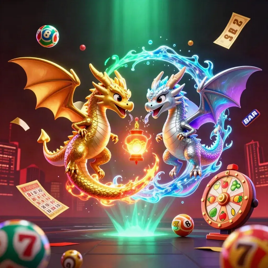 Gold and silver dragons spiral with casino symbols in a dark neon red scene