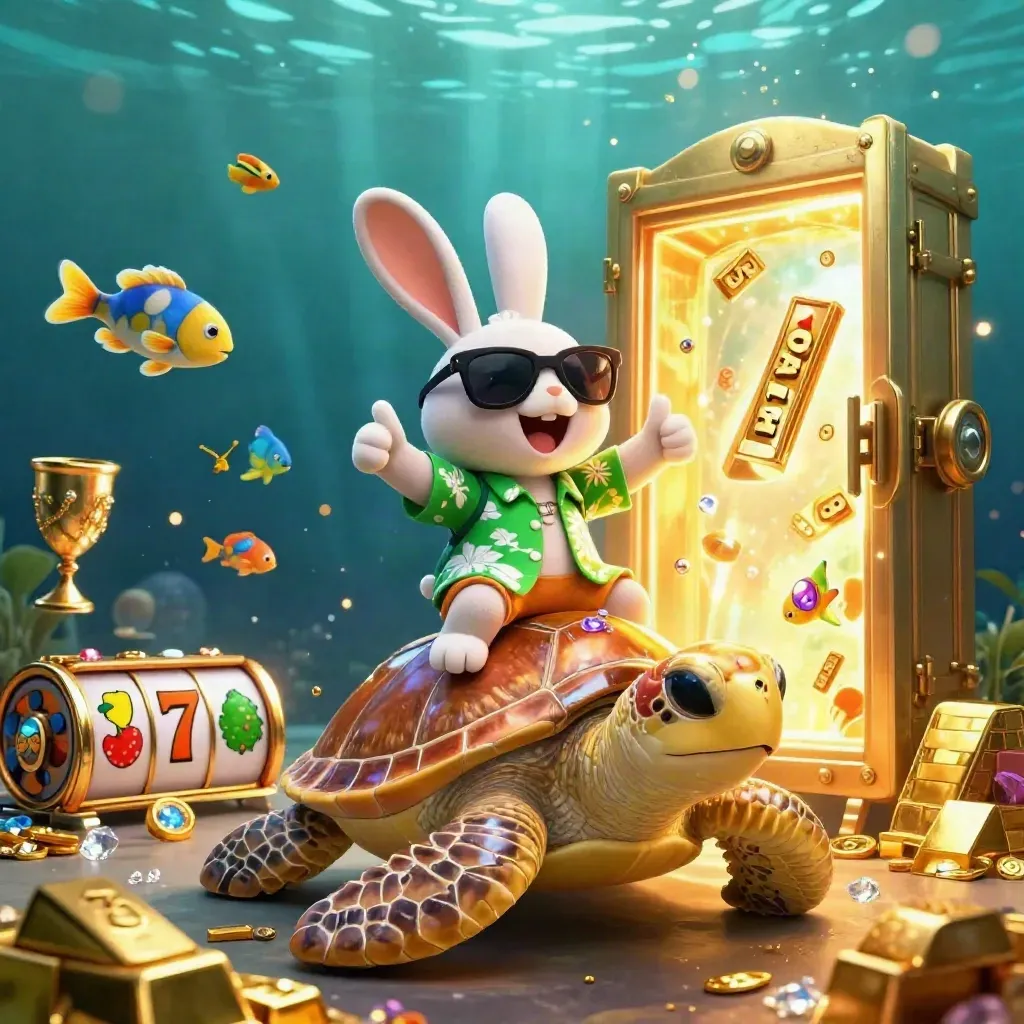 Lucky rabbit rides a gold turtle through an underwater treasure burst with reels, gems, and light