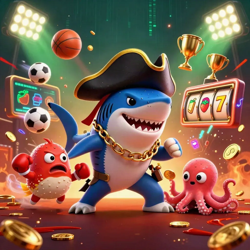 Pirate shark, boxing pufferfish, and coin-juggling octopus amid casino props and neon energy.