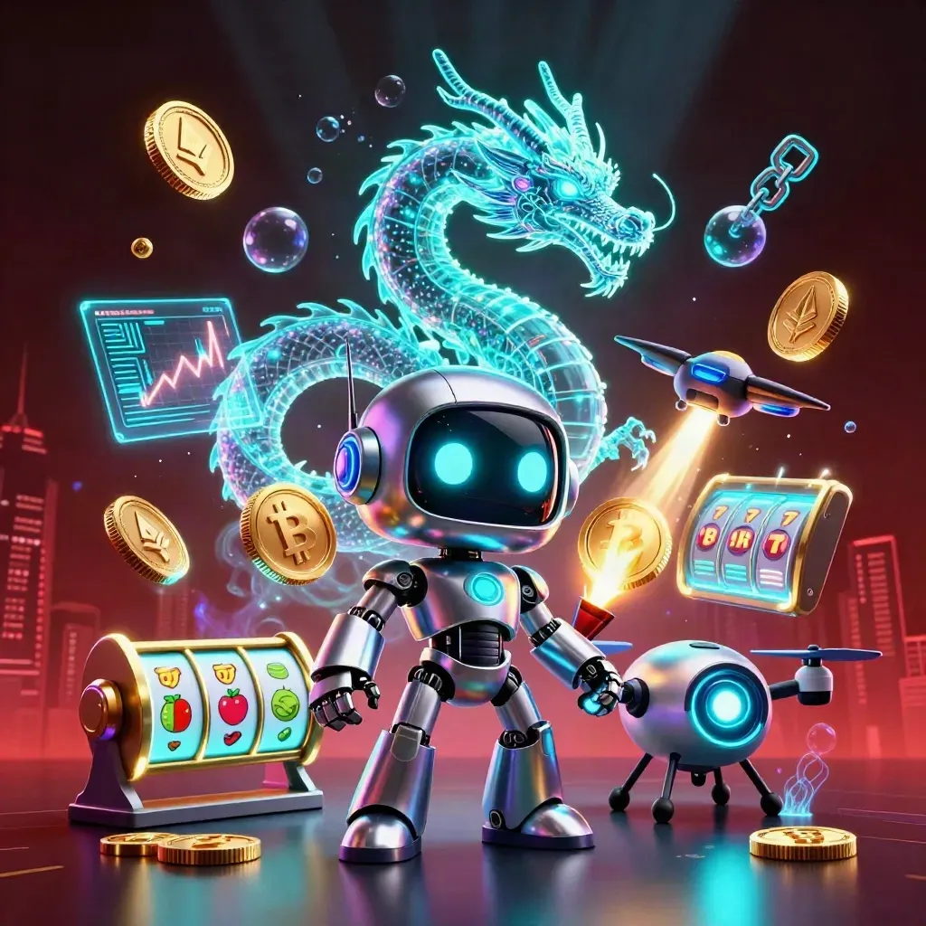 Chrome robot, hologram dragon, and coin drone amid neon casino effects.