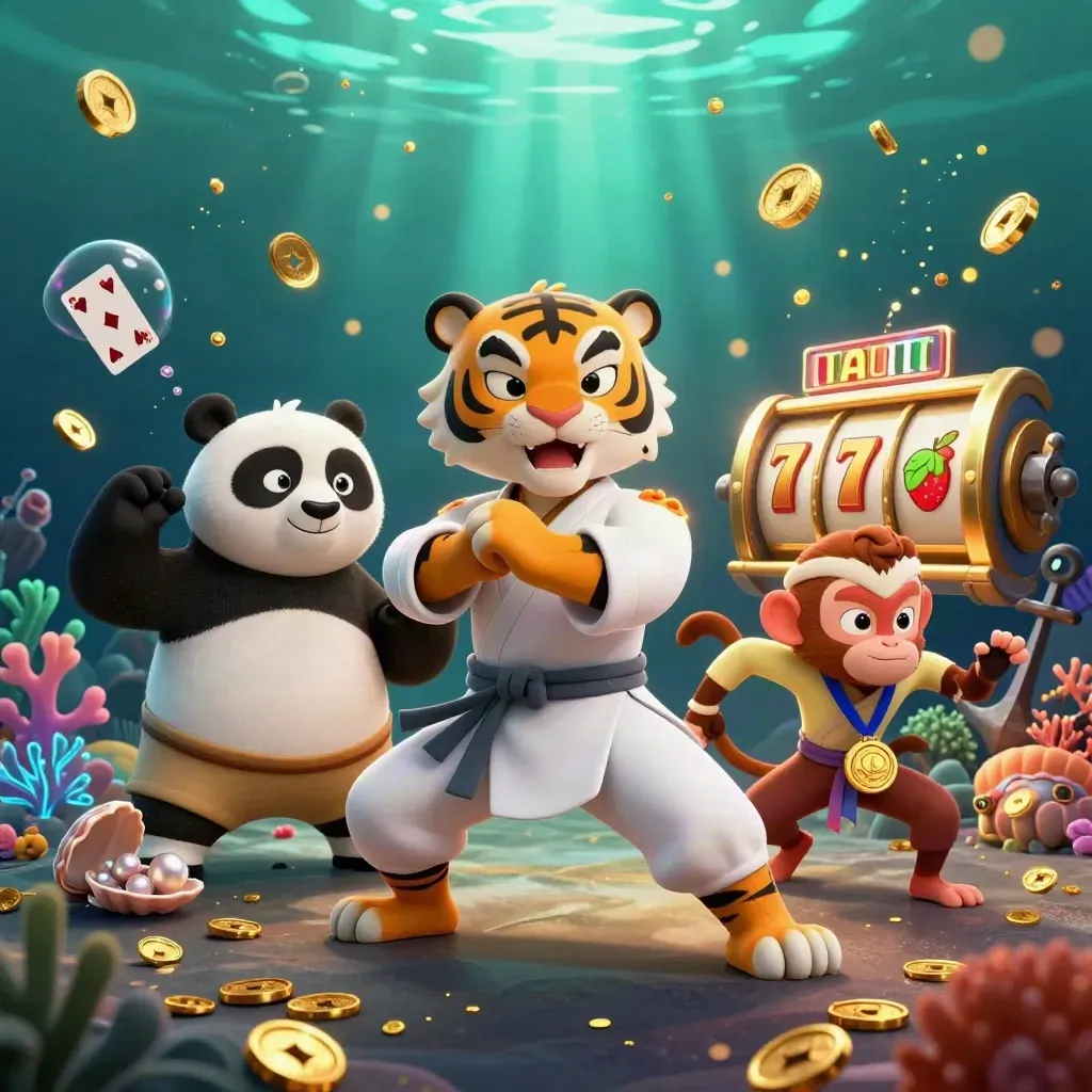 Tiger, panda and monkey in an underwater casino burst with coins, coral, reels and glowing loot.