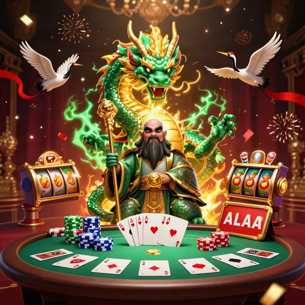 Jade dragon, turtle sage, and cranes amid casino chips, cards, slots, and gold confetti