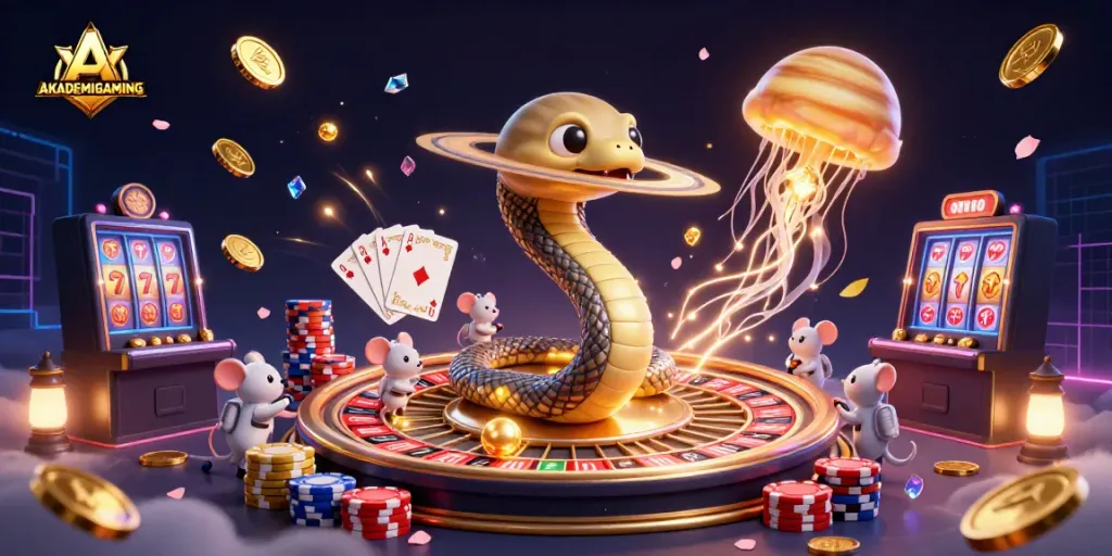 Engage with AKADEMIGAMING's universe as a cosmic roulette scene unfolds with playful financial dynamics.