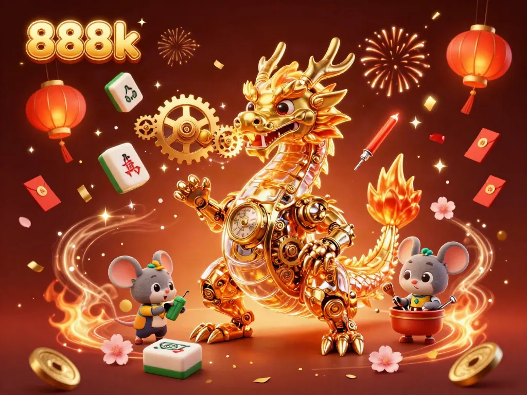 Experience exciting gameplay at 888k, featuring a dynamic scene with a golden dragon and vibrant gambling elements.