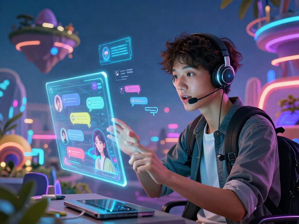 Engaging character using hentai ai chat within a vibrant digital landscape with futuristic holographic interfaces.