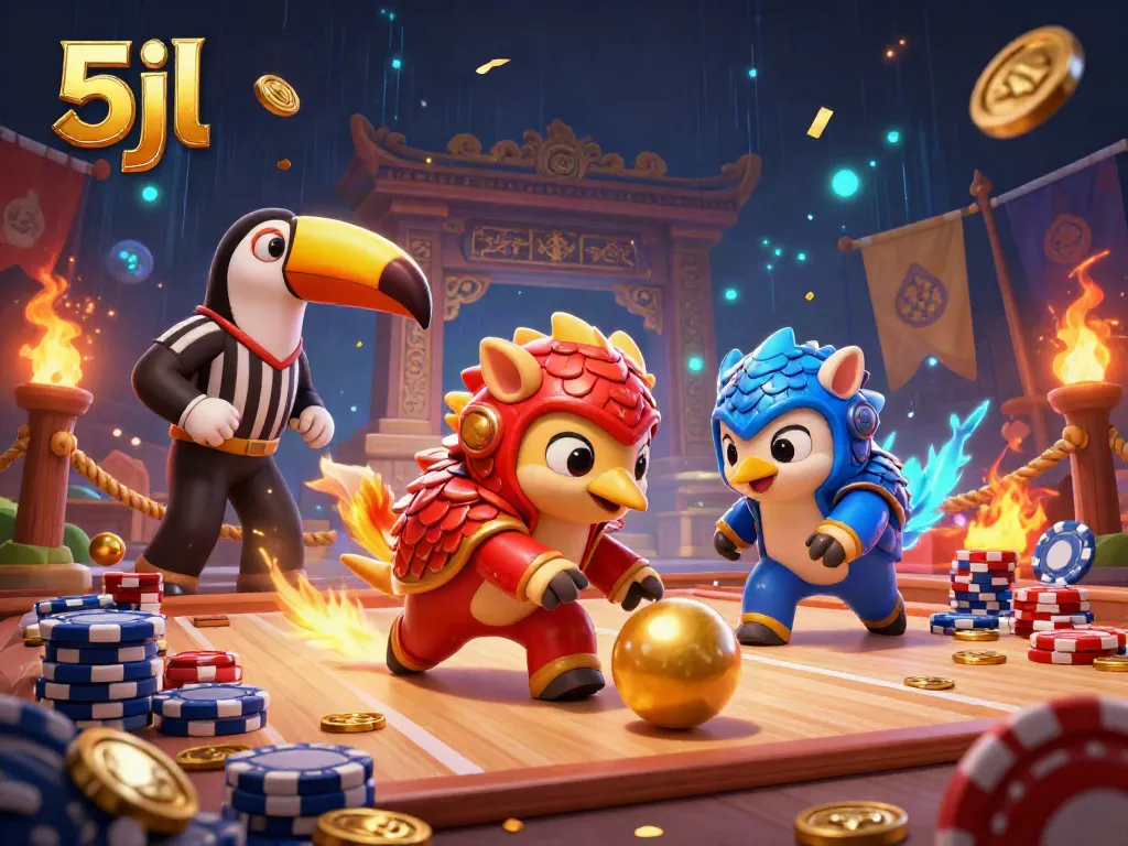 Witness two rival pangolins in vibrant armor bowling through poker chips in the exciting 5jl casino game scene.