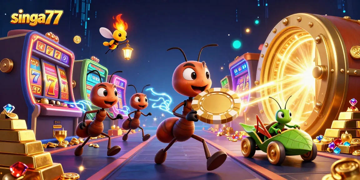 Singa77's thrilling heist by cartoon ants with a giant poker chip in a vibrant casino scene.
