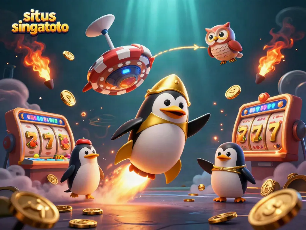 Experience the thrill of situs singatoto with a golden penguin racing to a vibrant casino.