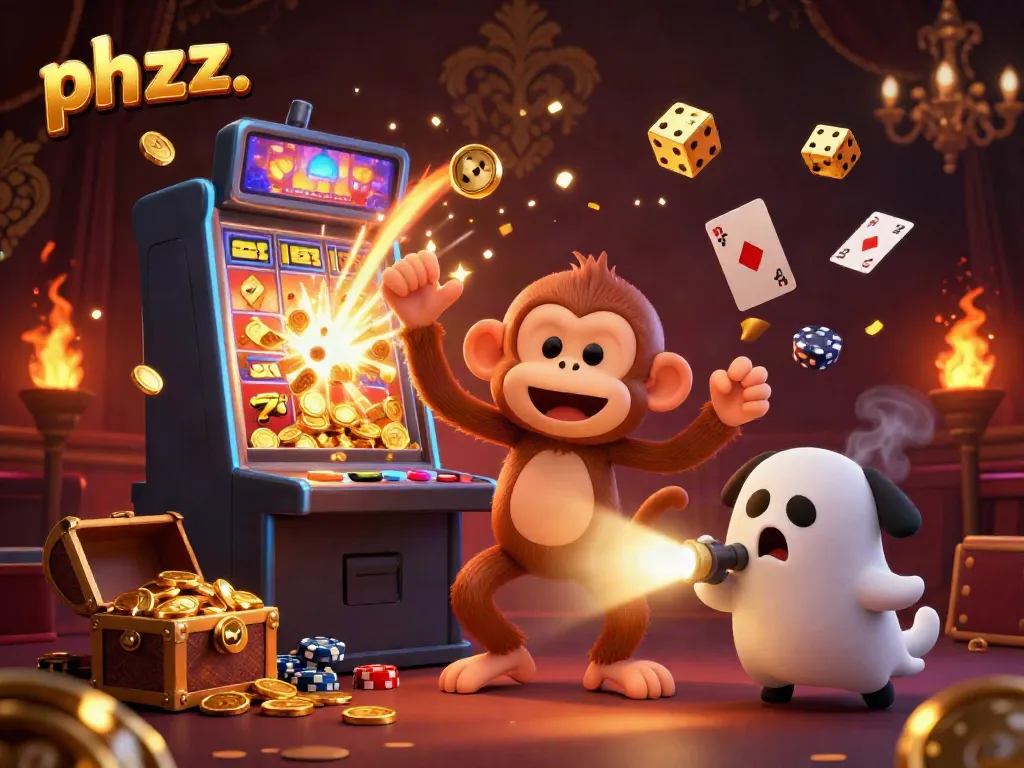 Engage with the phzzz casino experience showcasing a playful poltergeist monkey and ghost-hunter puppy in a vibrant slot machine setting.