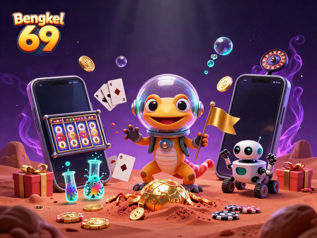 Experience the excitement of Bengkel 69 with a Martian gecko discovering a golden casino filled with thrilling slots!