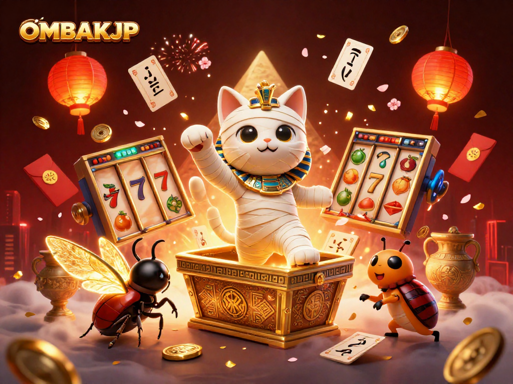 Engage with OMBAKJP as the mummy cat bursts from a sarcophagus amid vibrant slot elements.