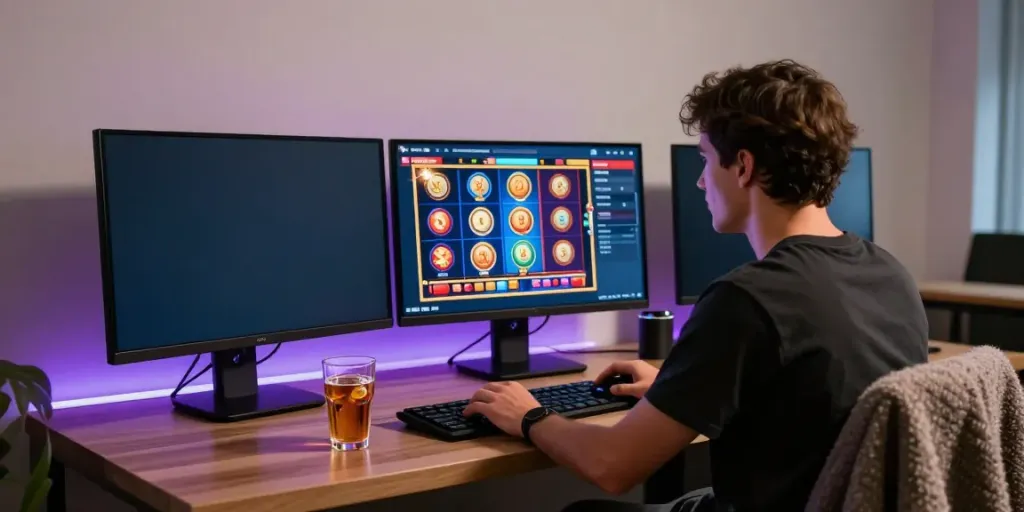 Player enjoying a slot game on a desktop, surrounded by cozy ambiance.