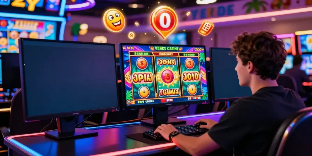 Spieler genießt aufregende Slot-Spiele im Verde Casino mit bunten Grafiken und modernen Lichteffekten.