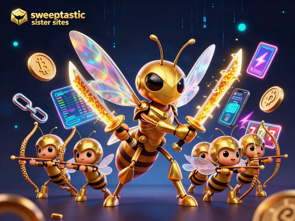 Sweeptastic sister sites feature a giant golden hornet samurai in a vibrant casino scene with neon elements and gaming icons.