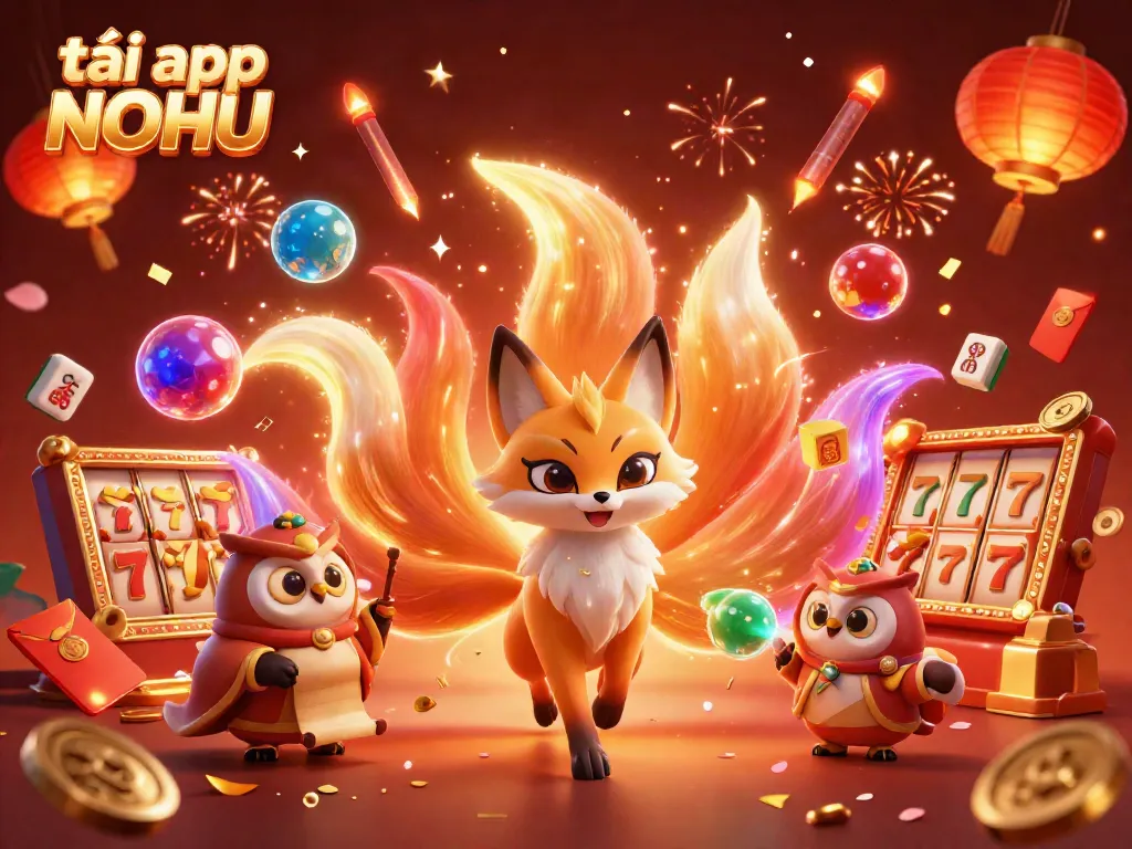 Engage in jackpot excitement with the vibrant scene of tải app NOHU, featuring colorful characters and festive elements.