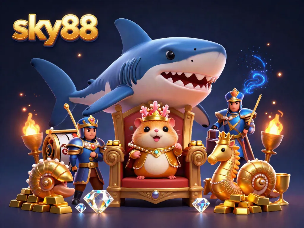 Experience thrilling gaming action with the sky88 hamster king surrounded by slot reels, treasures, and seahorse guards.