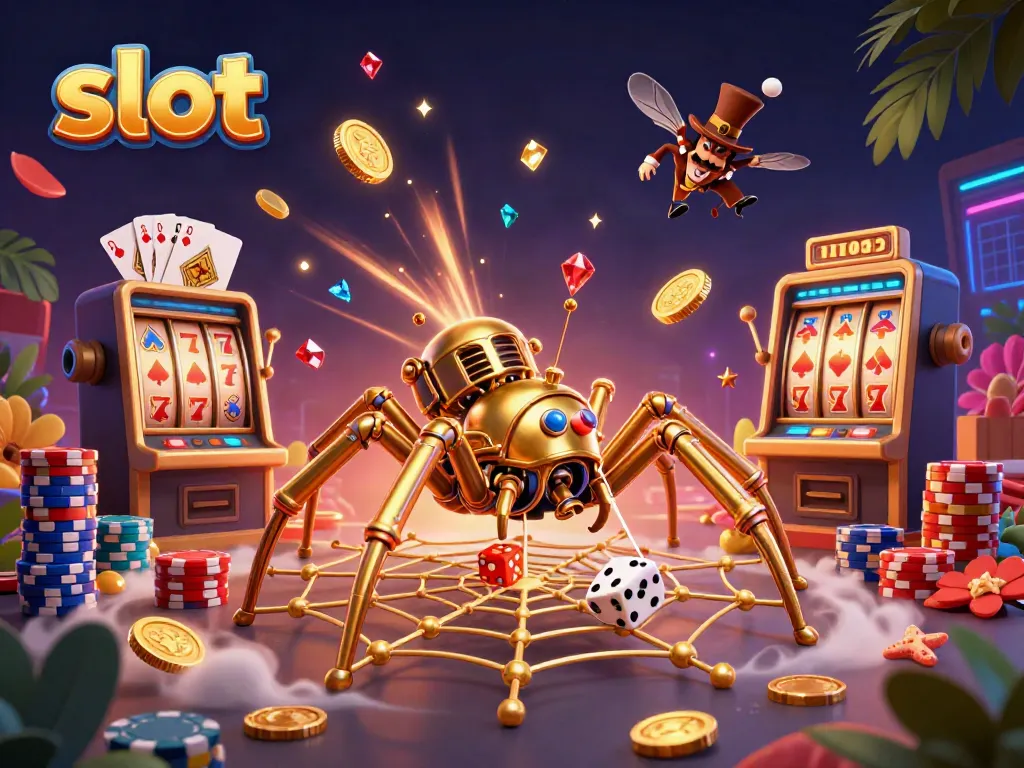 Experience the thrill of slots with a steampunk spider, coins, and golden reels in vibrant 3D