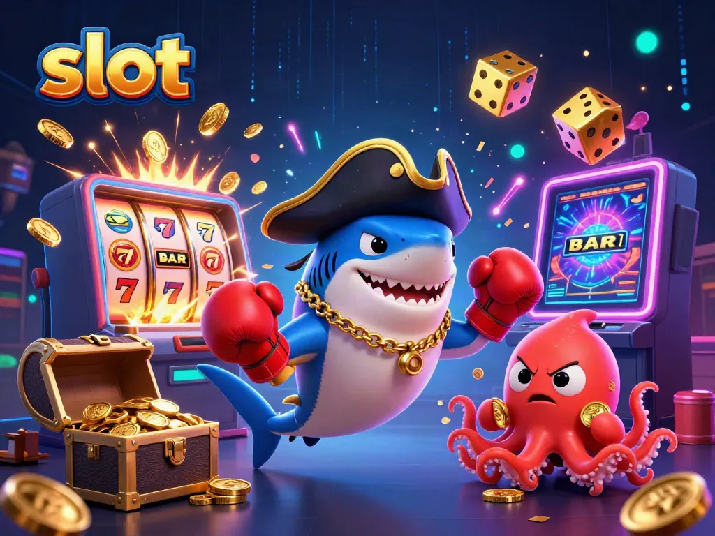 Engaging slot-themed illustration featuring characters and vibrant elements around a slot machine.