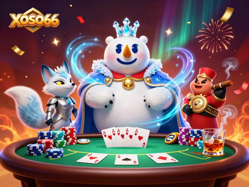 XOSO66 showcases an ice king polar bear and snow fox in an energetic online casino illustration.