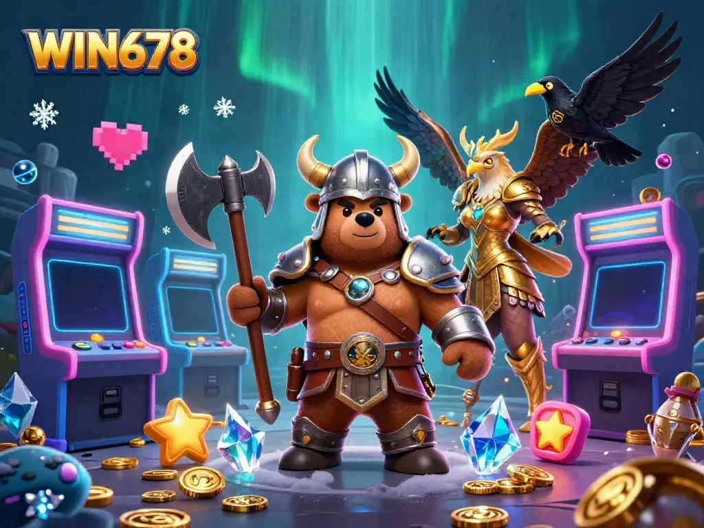 Engage with the thrilling world of WIN678 through a vibrant 3D casino scene filled with immersive game elements.