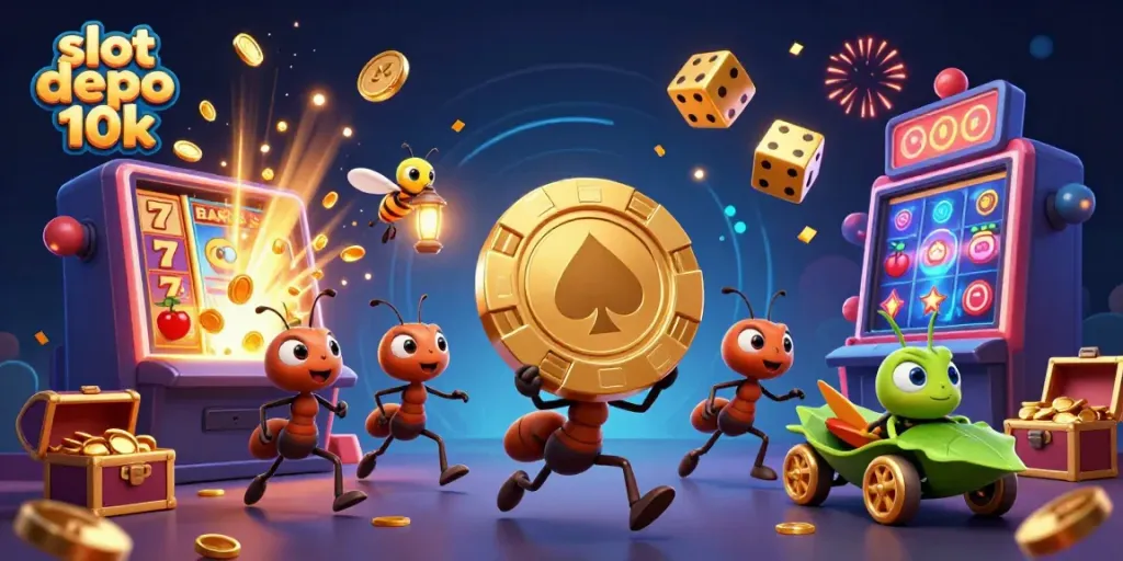 Experience the excitement of slot depo 10k with a whimsical heist scene featuring cartoon ants and vibrant casino elements.