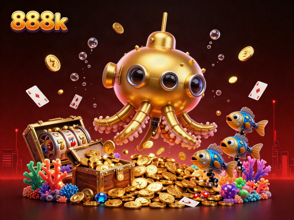 Win big at 888k with this vibrant, animated scene featuring a golden kraken submarine amidst casino elements.