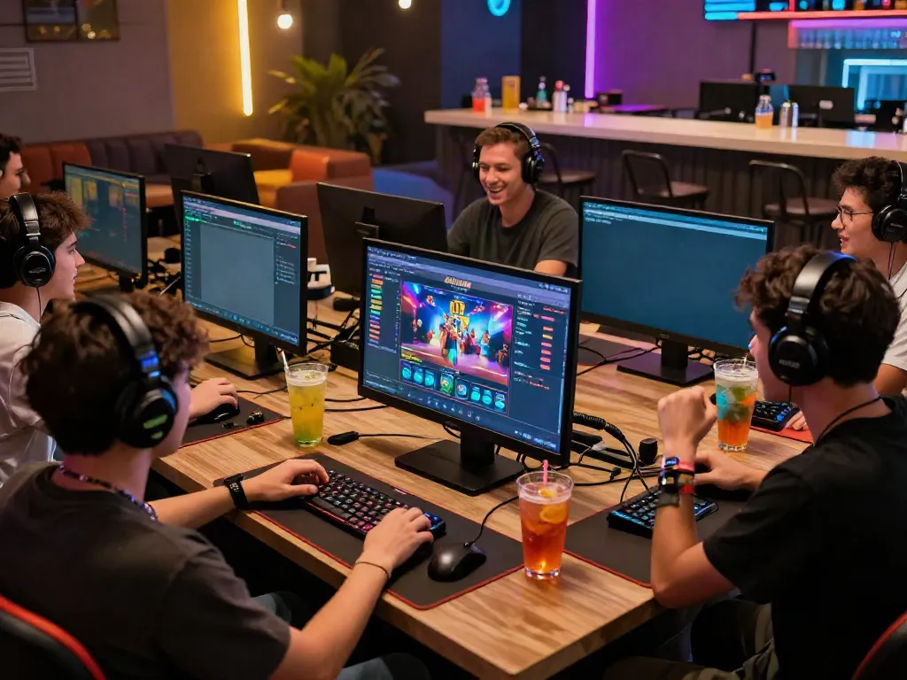 Friends engaging with akunjp gambling platform in a modern gaming lounge.