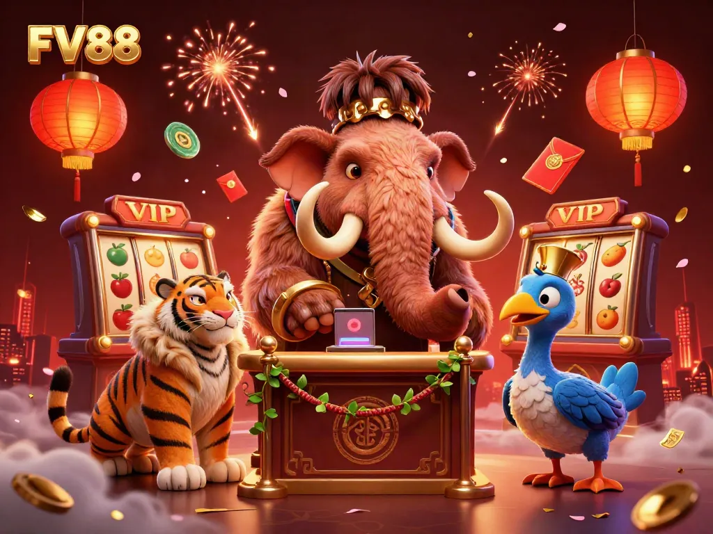 Engage with FV88's exciting casino experience featuring a woolly mammoth checking IDs at the entrance.
